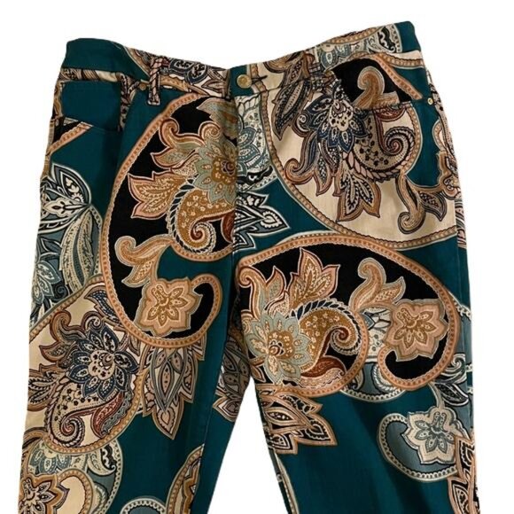 Chico's Teal Paisley So Slimming Girlfriend Slim Leg Jeans Womens 8R 1R 33x25 - Picture 3 of 7